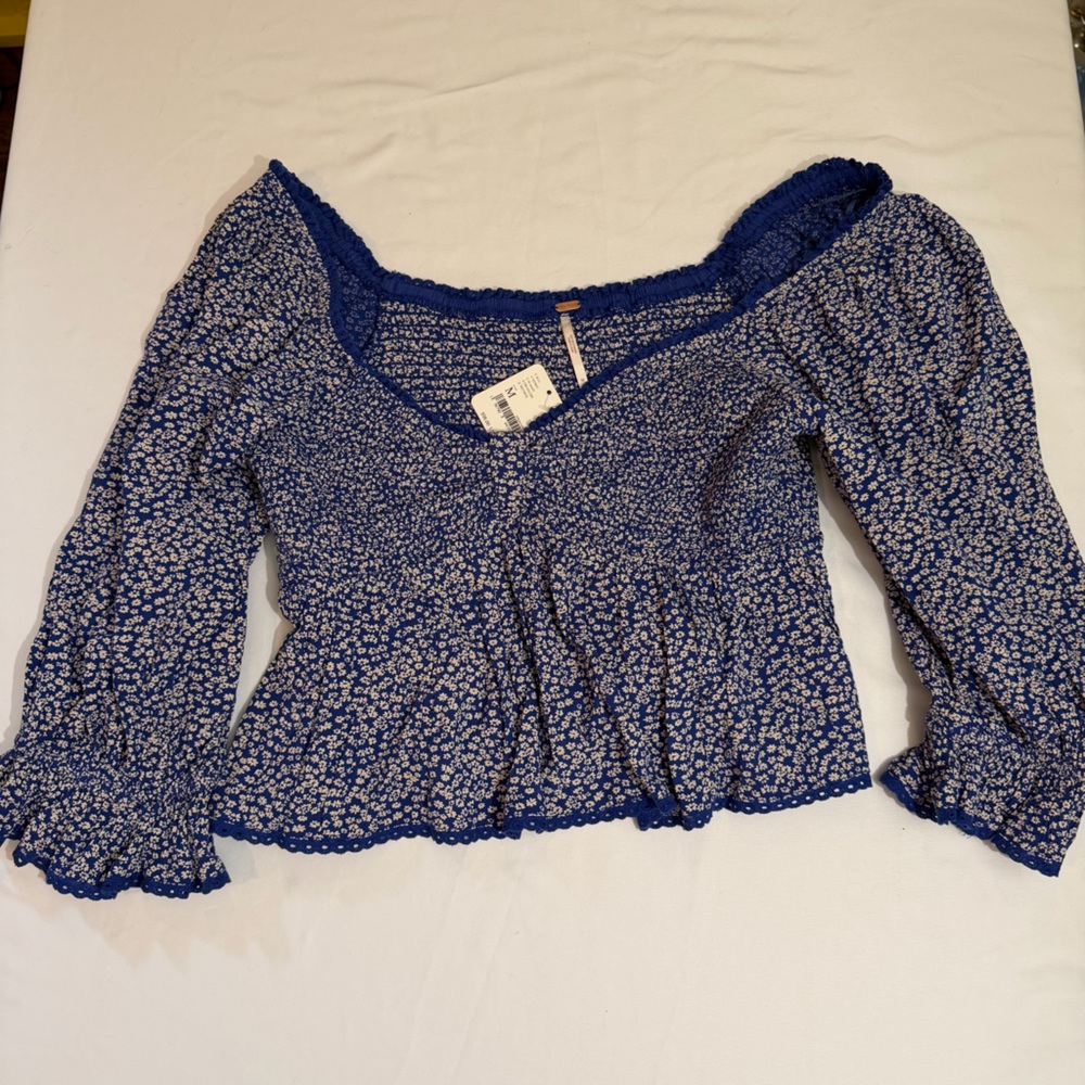 Free People Brittnee Smocked Peplum Navy and White Floral Top